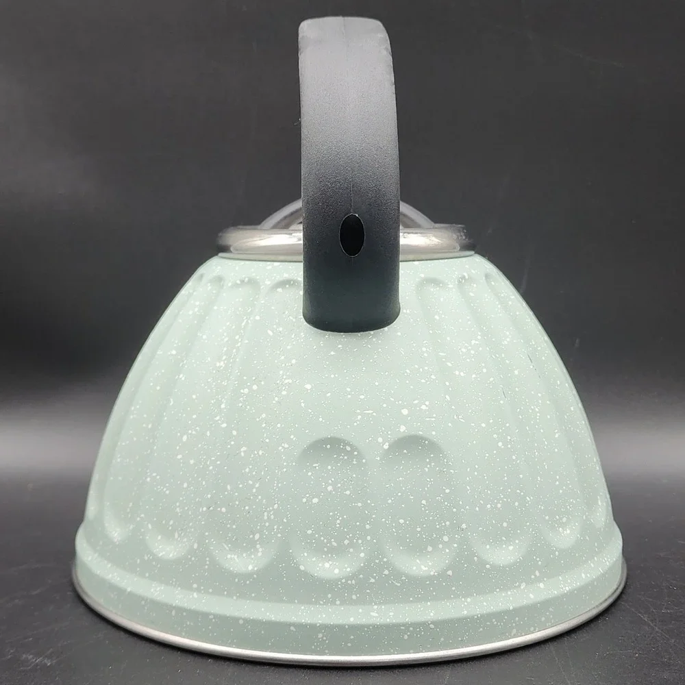 Dolly Parton Mint Green Speckled Whistling Tea Kettle Stainless Stovetop Retro